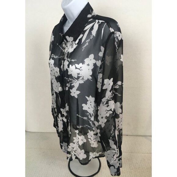 Croft n Barrow Top Women Size XL Sheer Black White Flowers Button up Long Sleeve - Picture 4 of 13